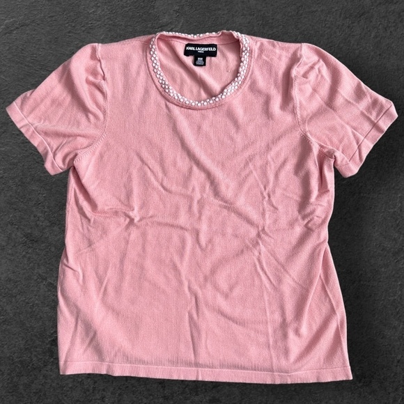 Karl Lagerfeld Paris - Short Sleeve Knit with Embroidered Neck Line in Soft Pink - Picture 4 of 9